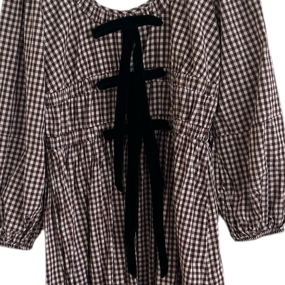 Damson Madder Dakota Bow Gingham Puff-Sleeve Midi Dress UK 16 - Picture 9 of 11
